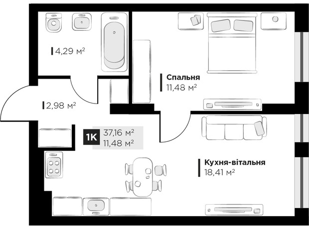 ЖК PERFECT LIFE: планировка 1-комнатной квартиры 37.16 м²