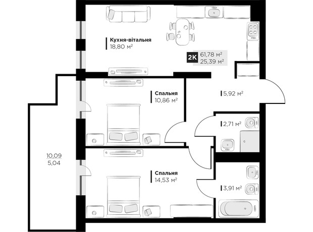 ЖК PERFECT LIFE: планування 2-кімнатної квартири 61.78 м²