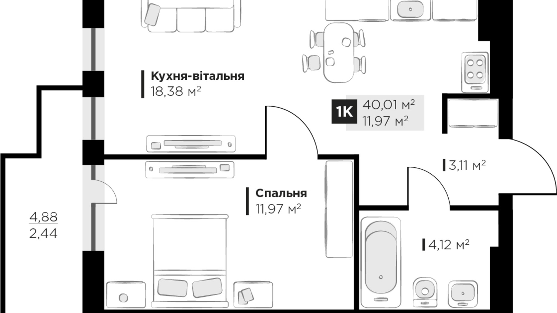 Планування 1-кімнатної квартири в ЖК PERFECT LIFE 40.01 м², фото 354082