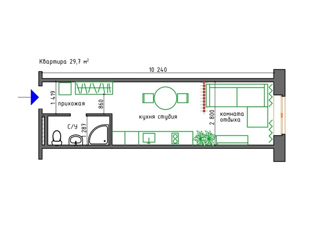 ЖК West Hall: планування 1-кімнатної квартири 29.7 м²