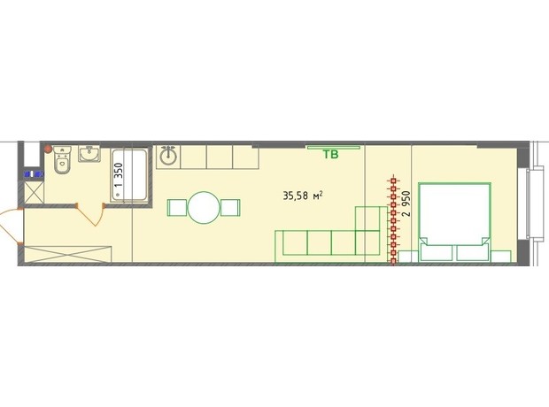 ЖК West Hall: планування 1-кімнатної квартири 35.58 м²