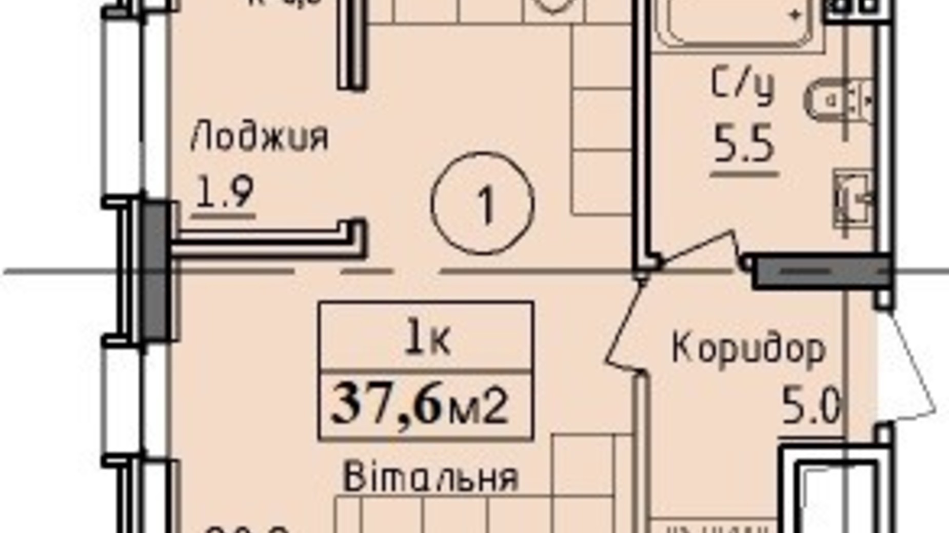 Планування 1-кімнатної квартири в ЖК West Hall 37.6 м², фото 354089