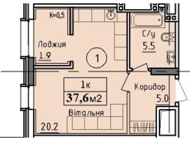 ЖК West Hall: планування 1-кімнатної квартири 37.6 м²