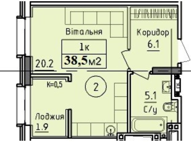 ЖК West Hall: планування 1-кімнатної квартири 38.5 м²