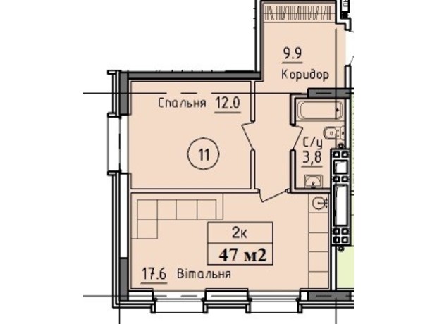 ЖК West Hall: планування 1-кімнатної квартири 47 м²