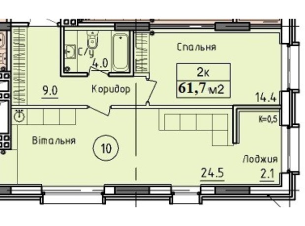 ЖК West Hall: планировка 2-комнатной квартиры 61.7 м²