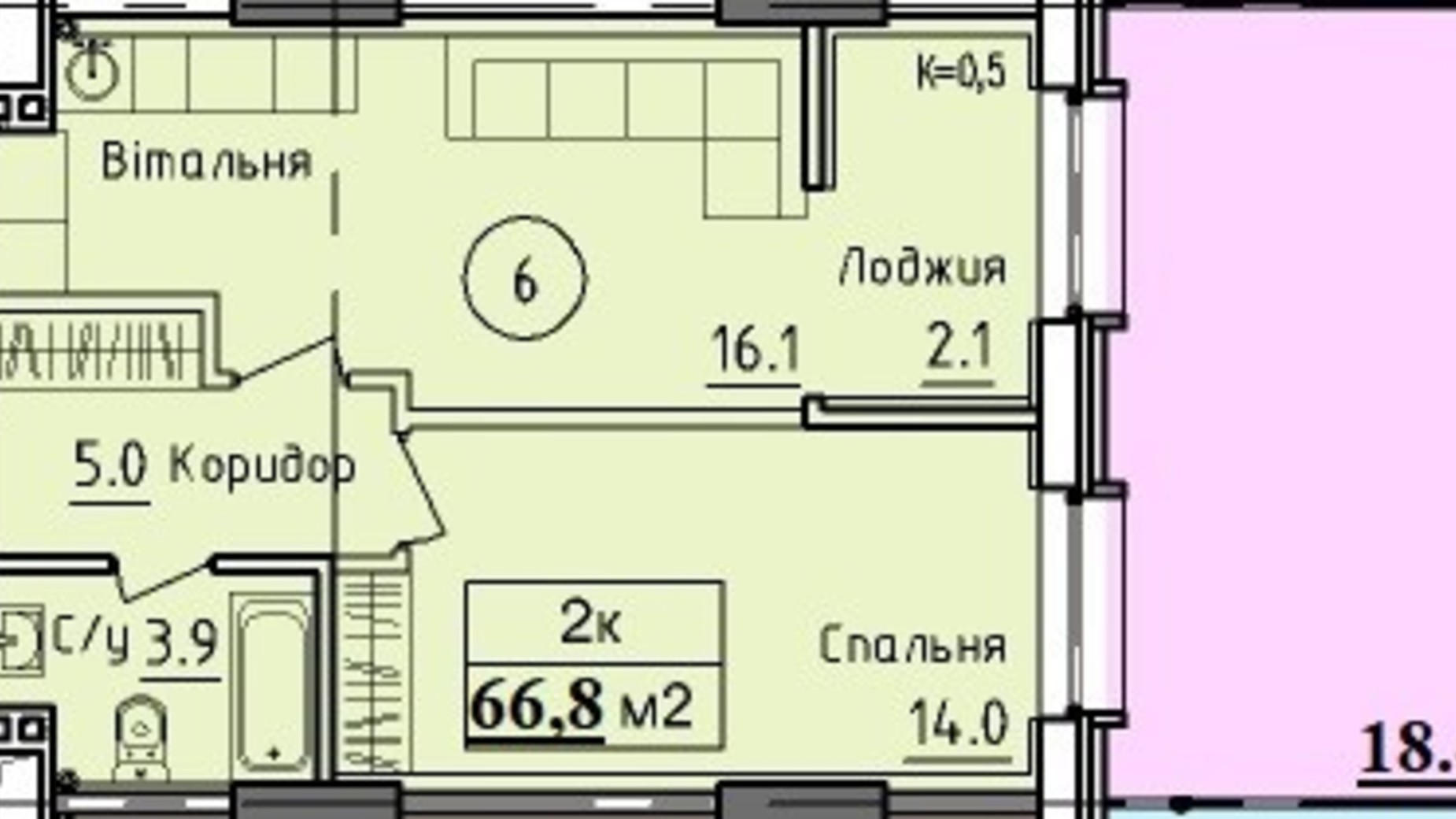 Планування 2-кімнатної квартири в ЖК West Hall 66.8 м², фото 354097