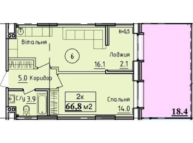 ЖК West Hall: планування 2-кімнатної квартири 66.8 м²