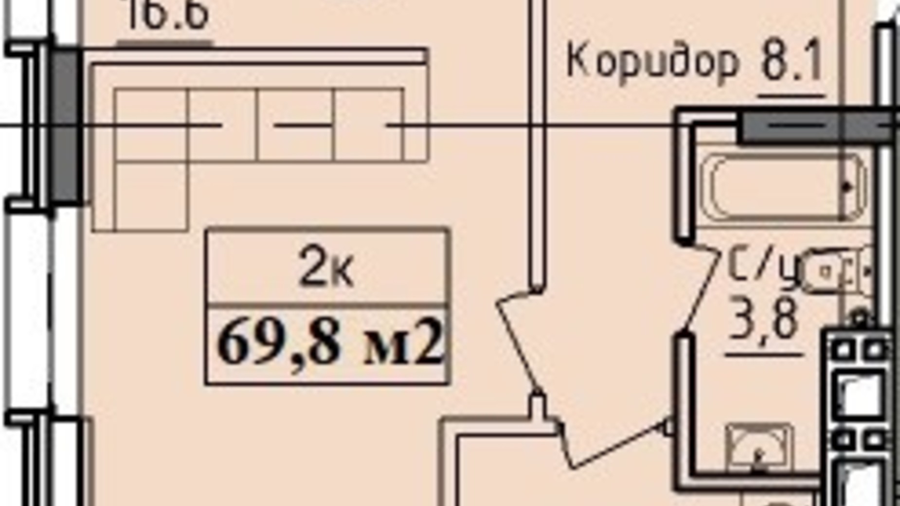 Планировка 2-комнатной квартиры в ЖК West Hall 69.8 м², фото 354098