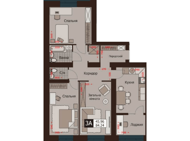 ЖК Rafinad: планировка 3-комнатной квартиры 84.24 м²