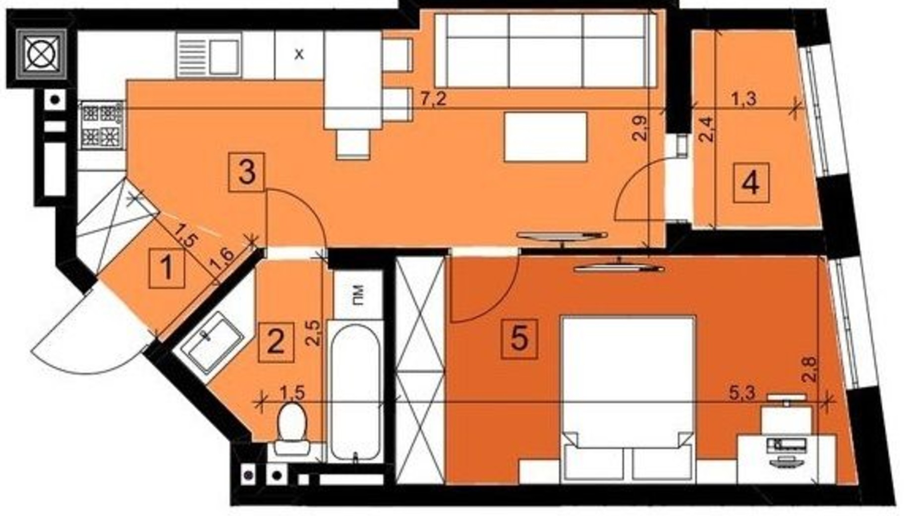 Планировка 1-комнатной квартиры в ЖК Парус Riverside 43.91 м², фото 354387