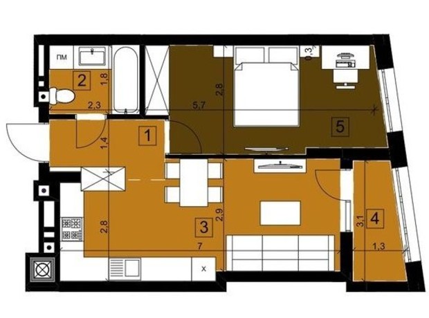 ЖК Парус Riverside: планування 1-кімнатної квартири 45.94 м²