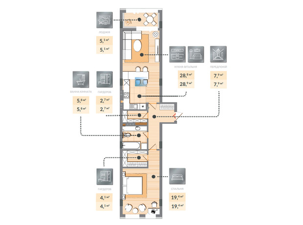 ЖК Luxberry lakes & forest: планування 1-кімнатної квартири 73.9 м²