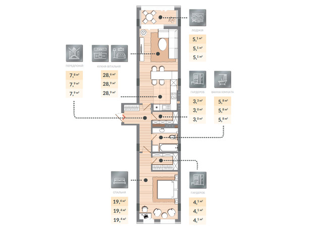 ЖК Luxberry lakes & forest: планування 1-кімнатної квартири 74.1 м²