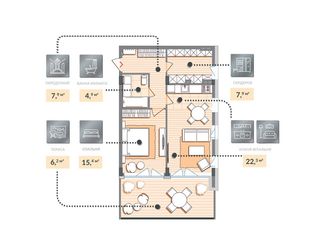 ЖК Luxberry lakes & forest: планування 1-кімнатної квартири 64.6 м²