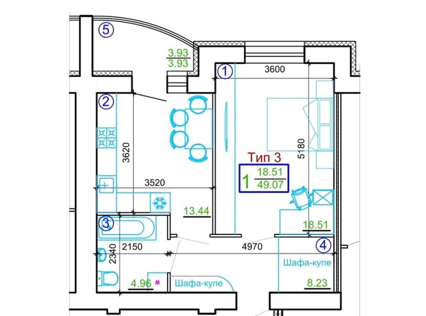 Микрорайон Академичный: планировка 1-комнатной квартиры 49.07 м²