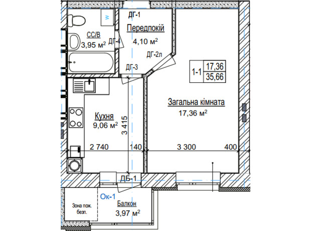 ЖК У-Квартал: планировка 1-комнатной квартиры 35.6 м²