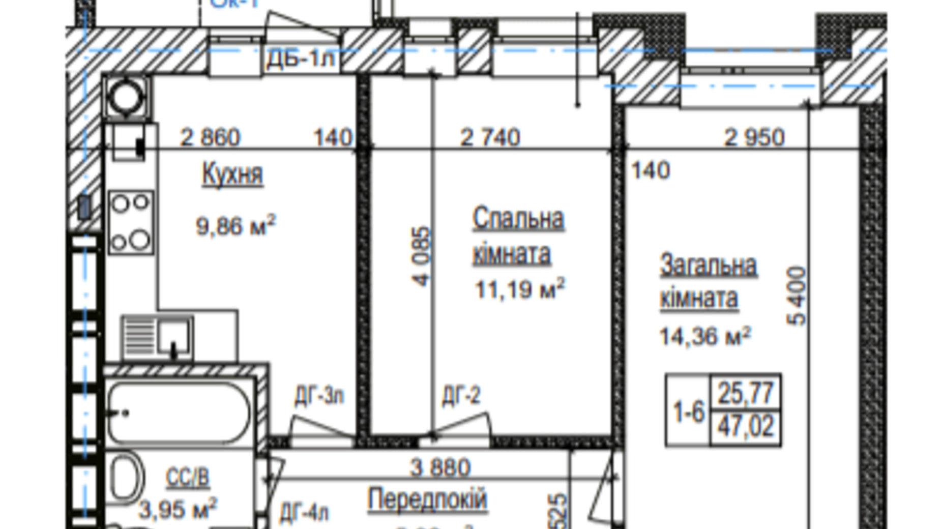 Планировка 2-комнатной квартиры в ЖК У-Квартал 47.02 м², фото 355148