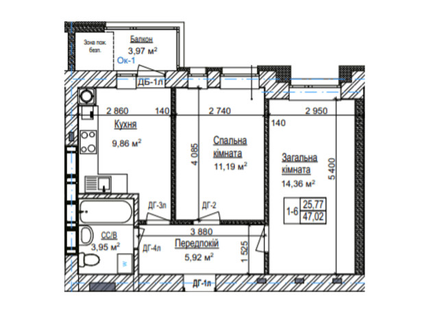 ЖК У-Квартал: планування 2-кімнатної квартири 47.02 м²