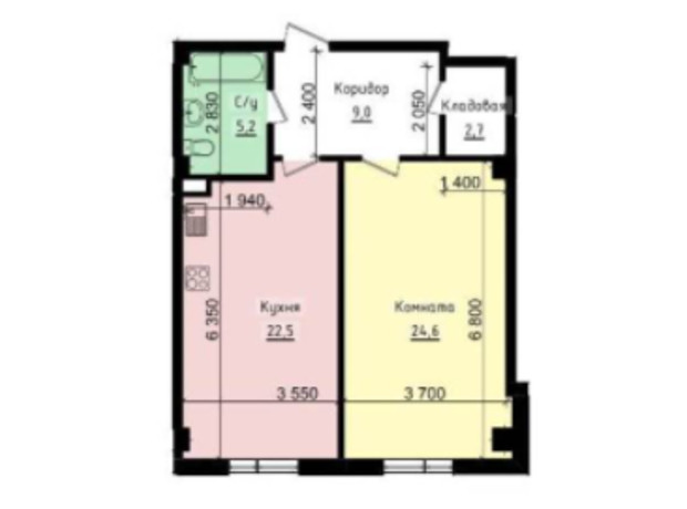 ЖК Криптон: планування 1-кімнатної квартири 64.11 м²