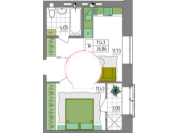 ЖК Синергія Light: планування 1-кімнатної квартири 36.86 м²