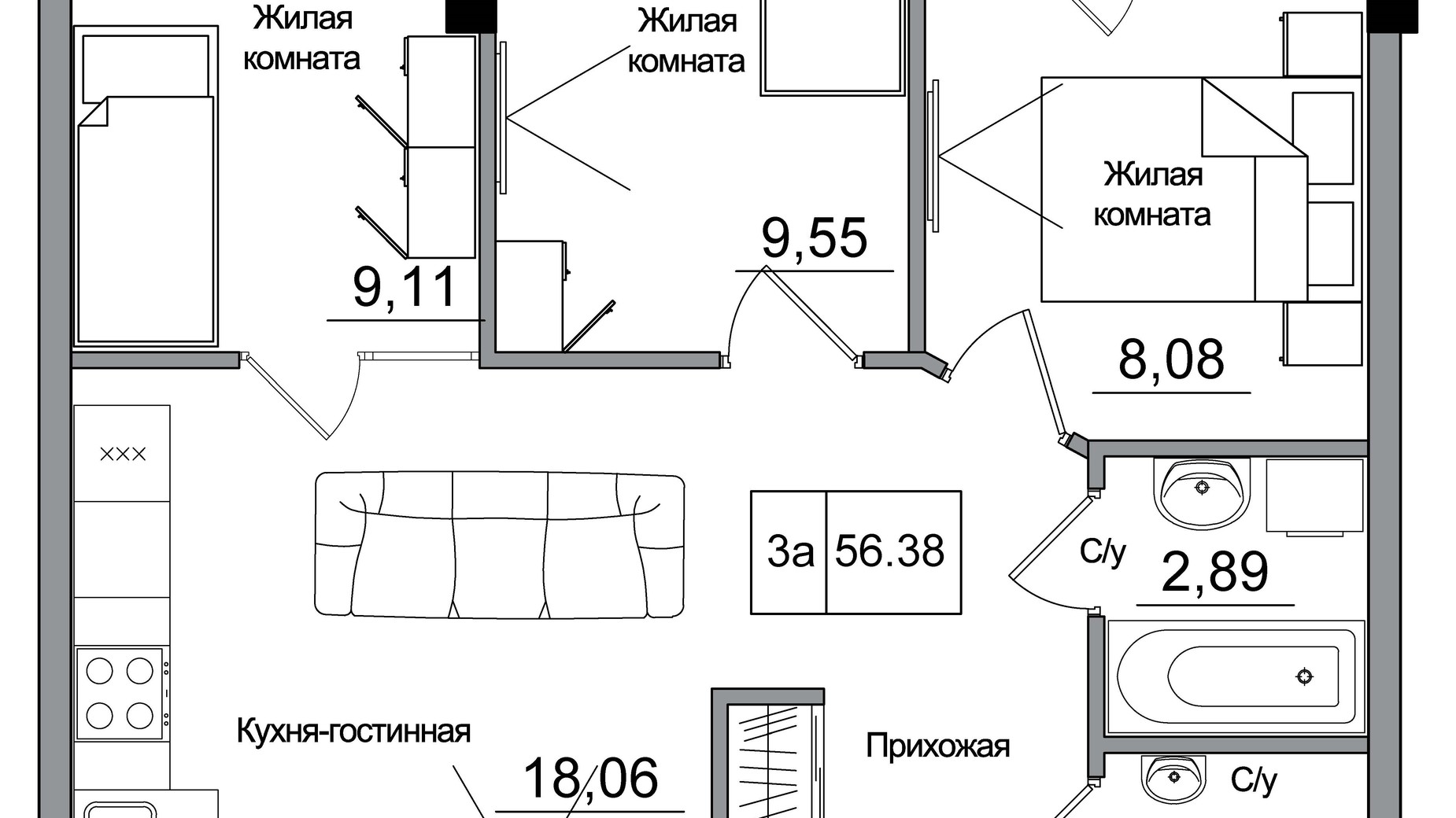 Планировка 3-комнатной квартиры в ЖК Artville 56.38 м², фото 355417