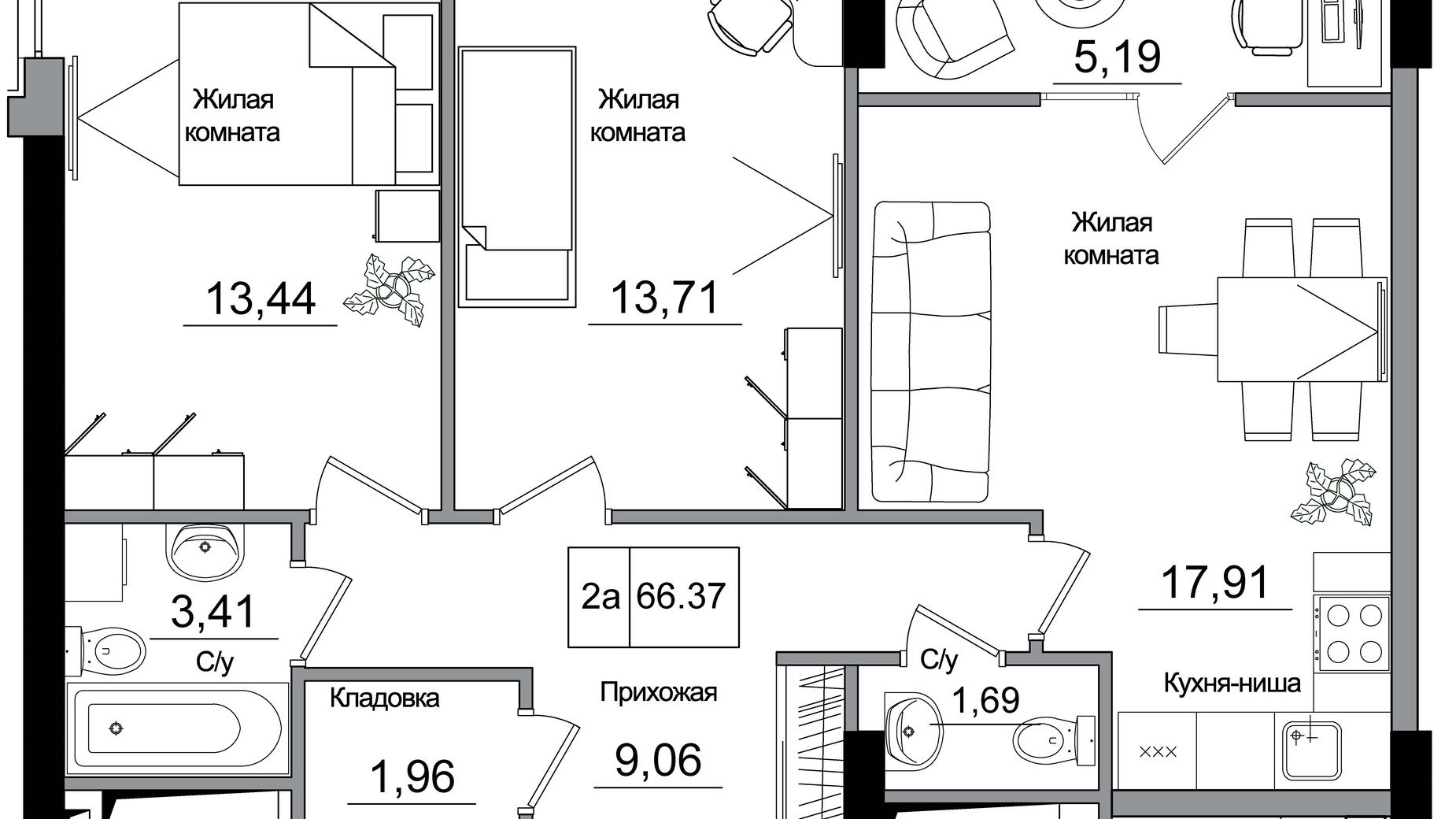 Планування 2-кімнатної квартири в ЖК Artville 66.37 м², фото 355418