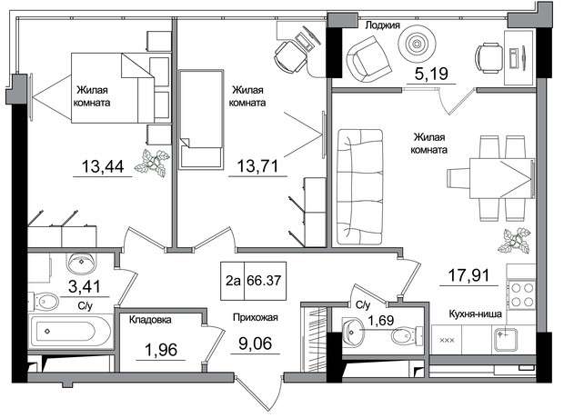 ЖК Artville: планировка 2-комнатной квартиры 66.37 м²
