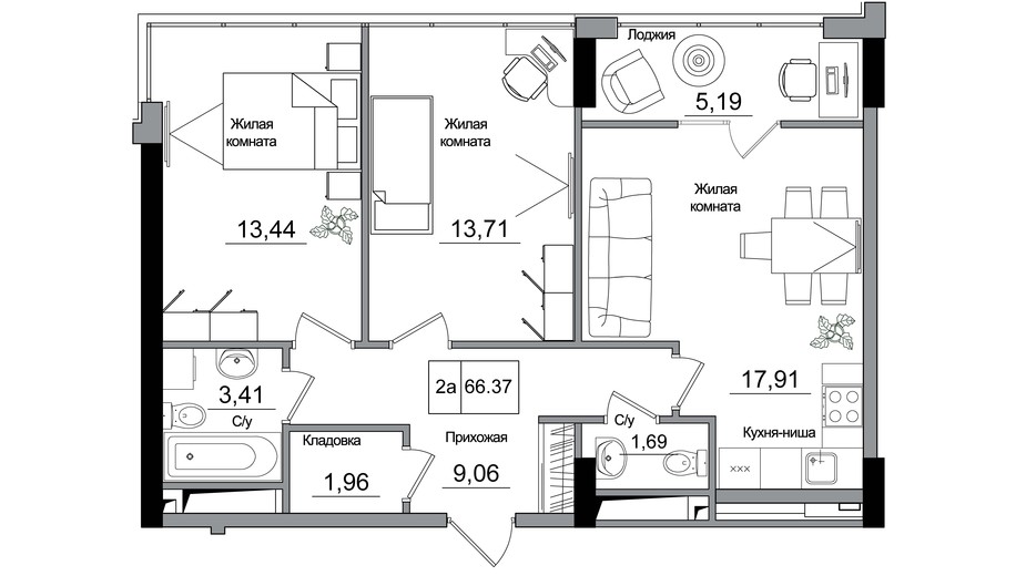 Планування 2-кімнатної квартири в ЖК Artville 66.37 м², фото 355418
