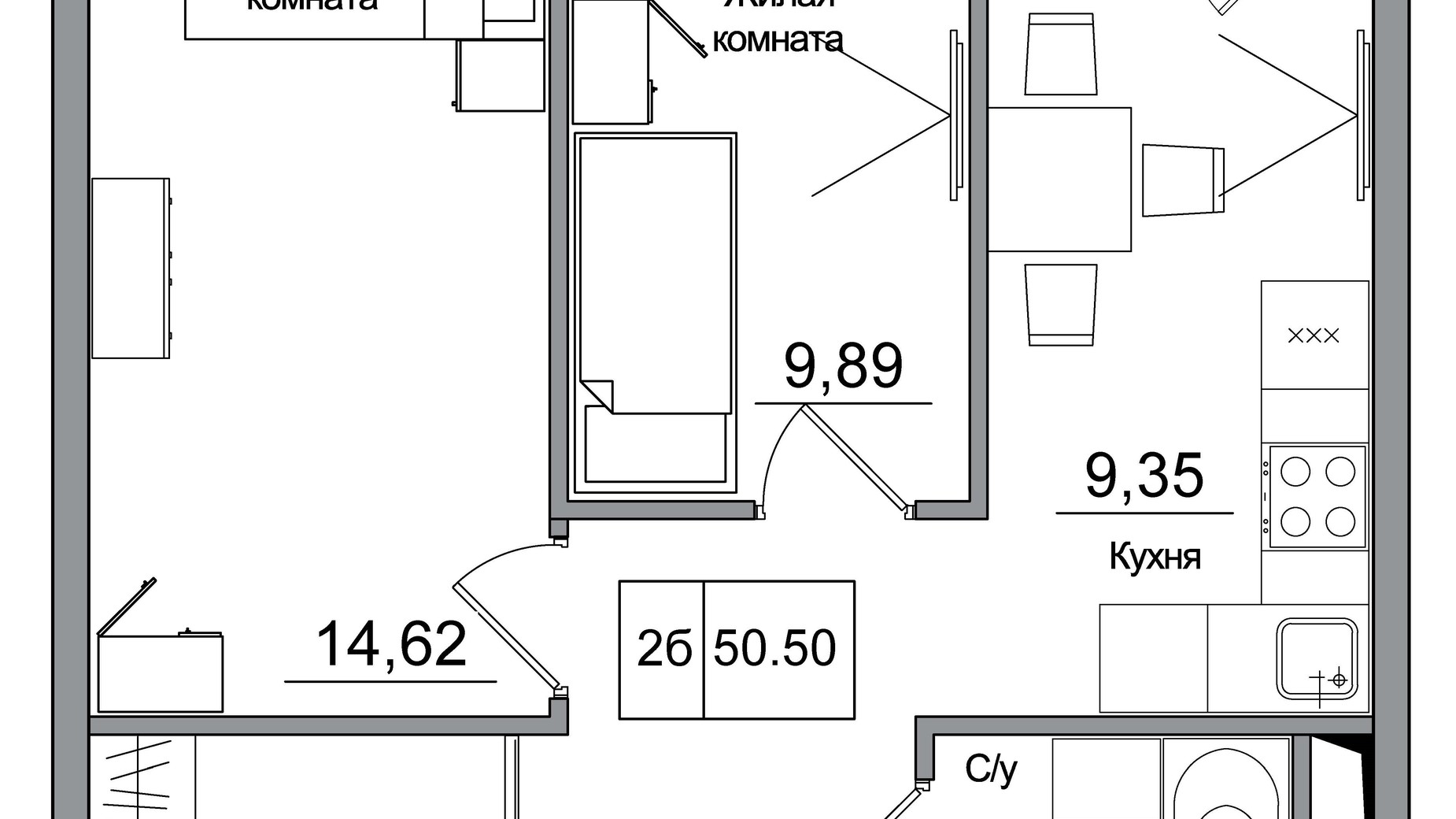 Планування 2-кімнатної квартири в ЖК Artville 50.5 м², фото 355423