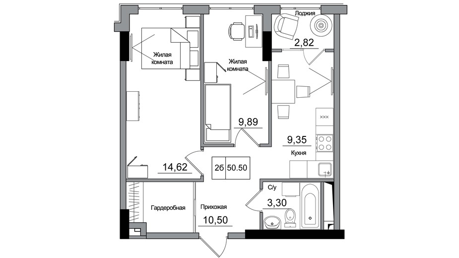 Планировка 2-комнатной квартиры в ЖК Artville 50.5 м², фото 355423