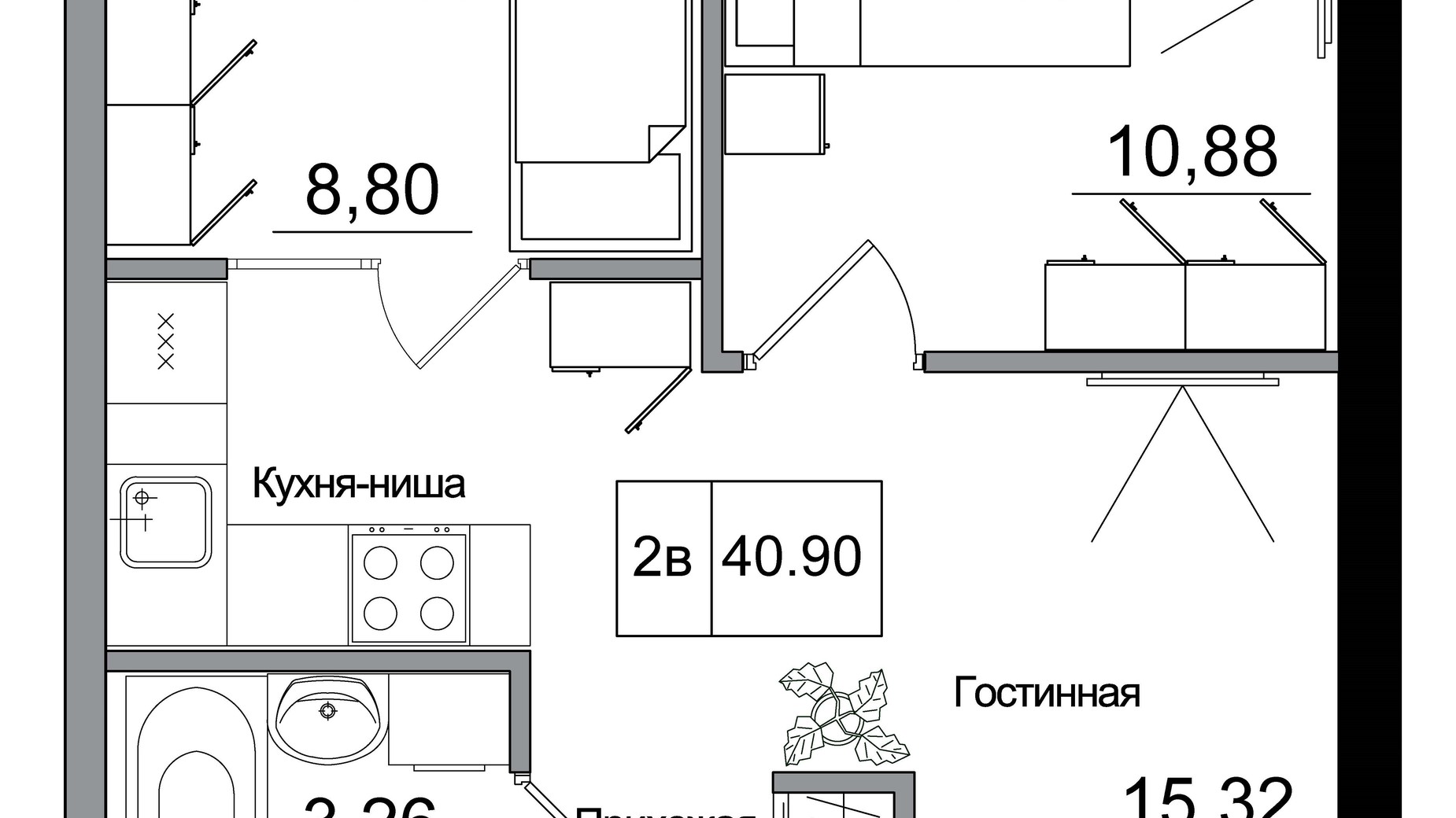 Планування 2-кімнатної квартири в ЖК Artville 40.9 м², фото 355424
