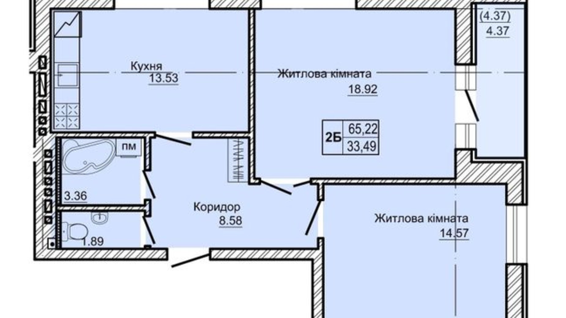 Планировка 2-комнатной квартиры в ЖК Новоградский 65.22 м², фото 355474