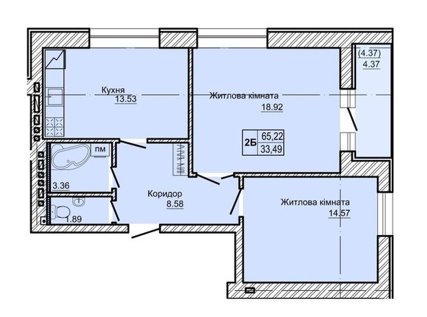 ЖК Новоградський: планування 2-кімнатної квартири 65.22 м²