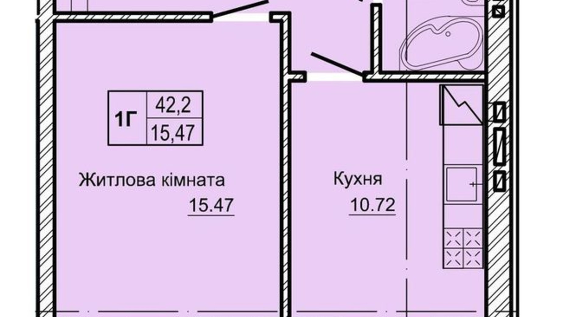 Планировка 1-комнатной квартиры в ЖК Новоградский 42.2 м², фото 355475