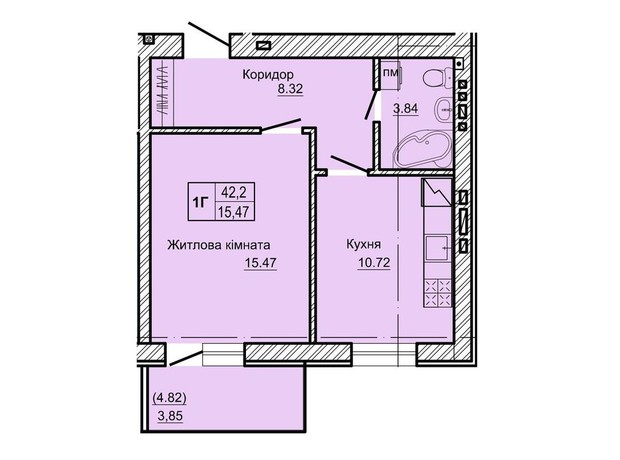 ЖК Новоградский: планировка 1-комнатной квартиры 42.2 м²