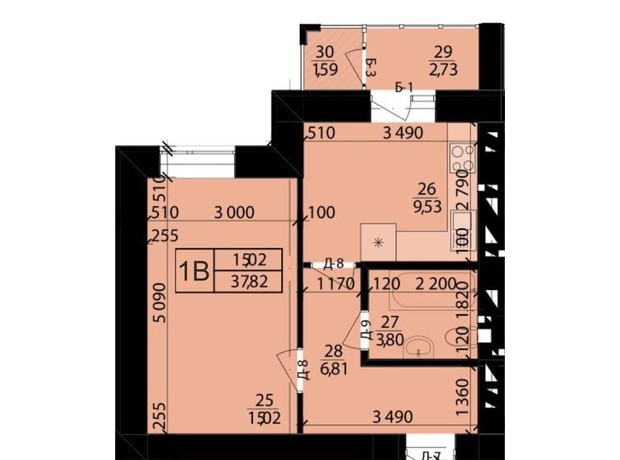 ЖК Рідне місто: планування 1-кімнатної квартири 37.82 м²