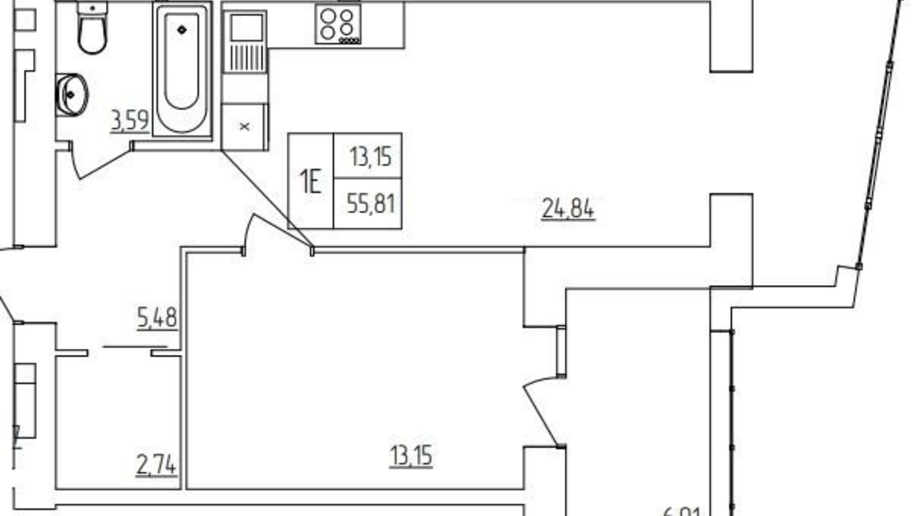 Планування 1-кімнатної квартири в ЖК Синергія Light 55.81 м², фото 355604