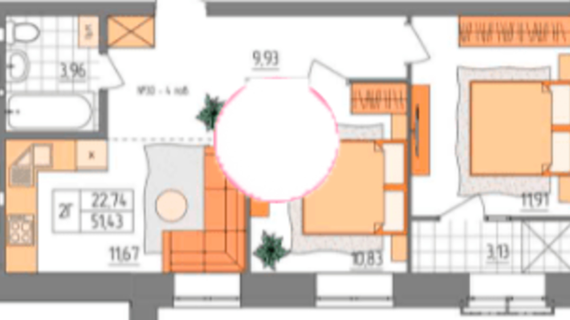 Планировка 2-комнатной квартиры в ЖК Синергия Light 51.43 м², фото 355605