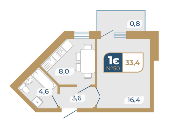 ЖК Добробуд: планування 1-кімнатної квартири 33.4 м²