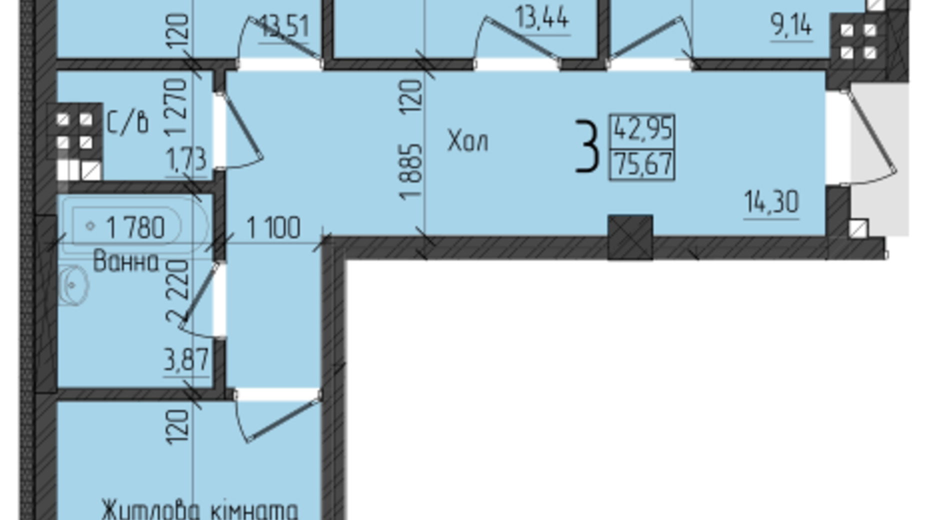 Планування 3-кімнатної квартири в ЖК Новий Проспект 75.67 м², фото 355934