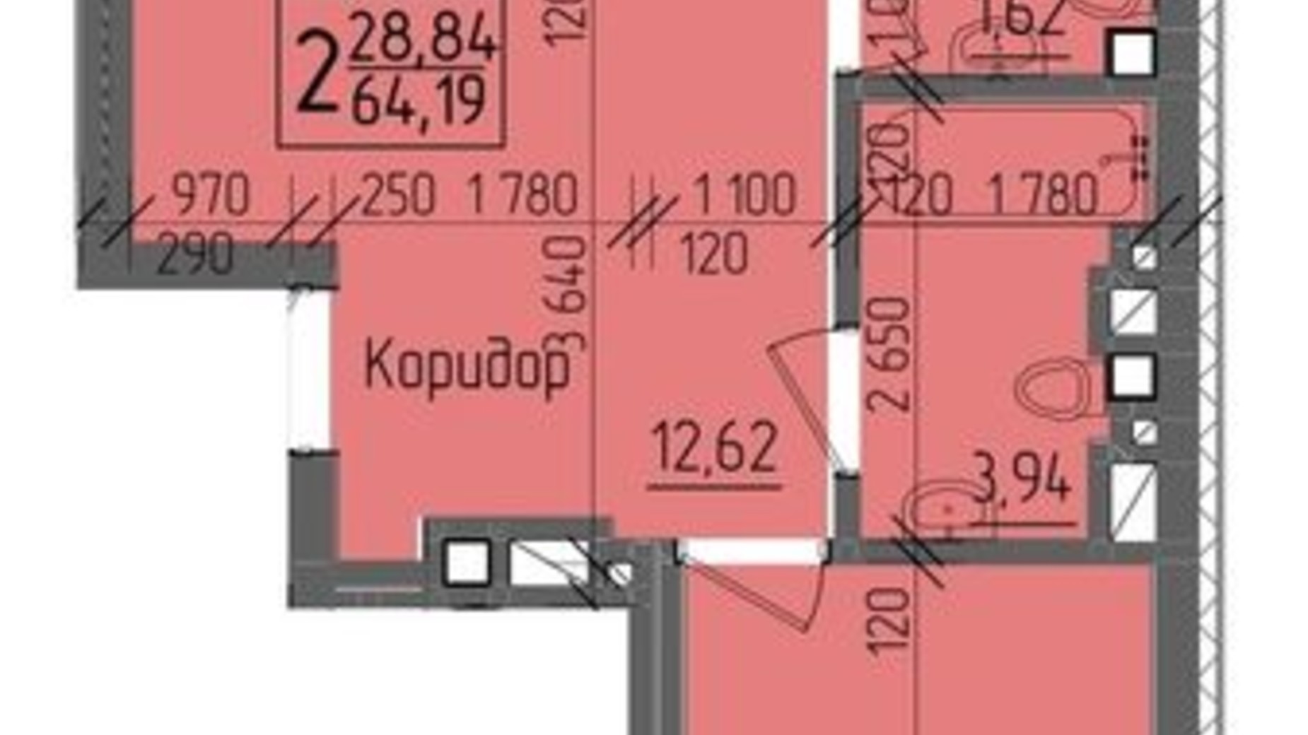 Планування 2-кімнатної квартири в ЖК KromaxBud 64.19 м², фото 355943
