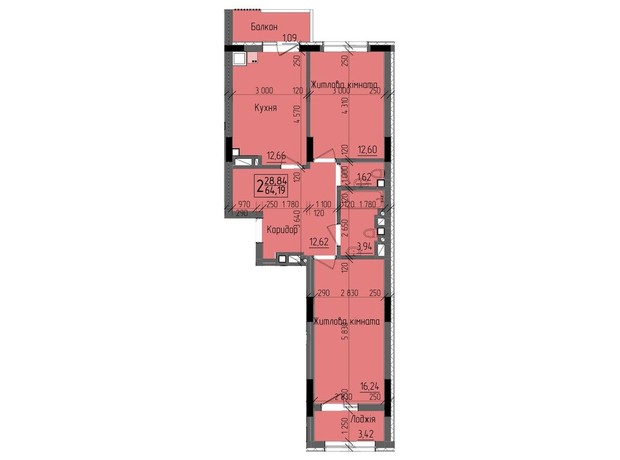 ЖК KromaxBud: планировка 2-комнатной квартиры 64.19 м²