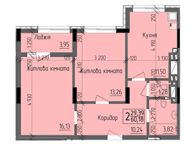 ЖК KromaxBud: планировка 2-комнатной квартиры 60.18 м²