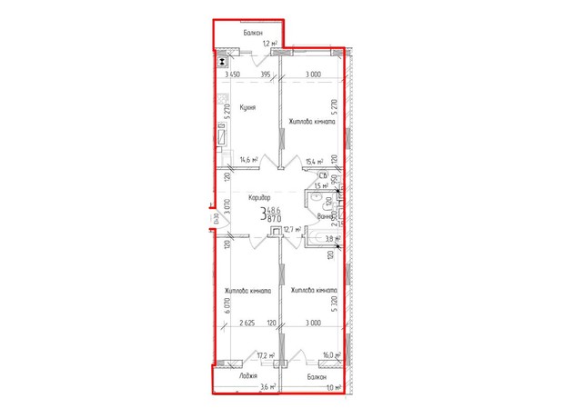 ЖК KromaxBud: планировка 3-комнатной квартиры 87 м²