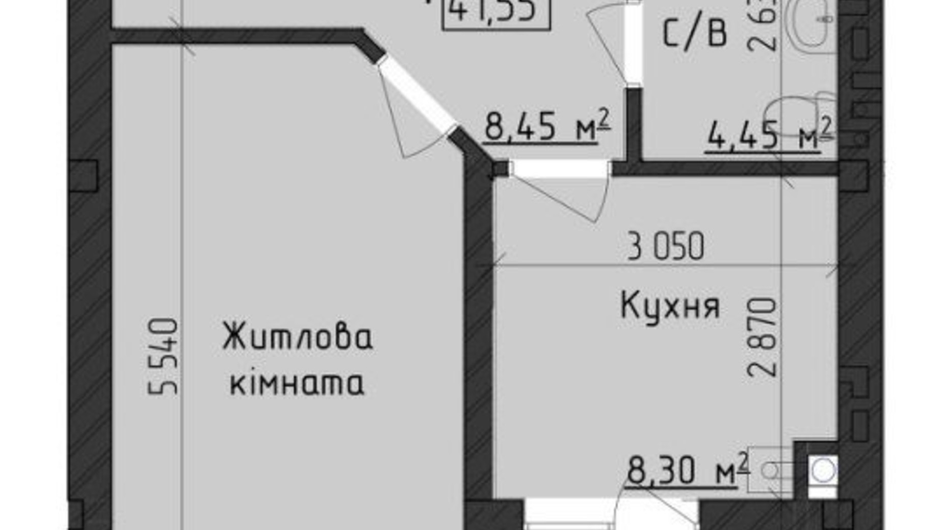 Планування 1-кімнатної квартири в ЖК Парковый Дом 41.55 м², фото 355972