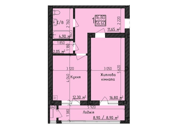 ЖК Парковый Дом: планування 1-кімнатної квартири 56.6 м²