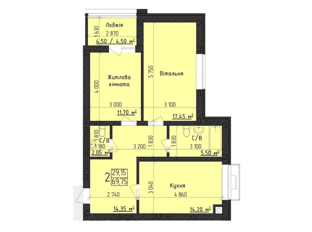 ЖК Парковый Дом: планування 2-кімнатної квартири 69.75 м²