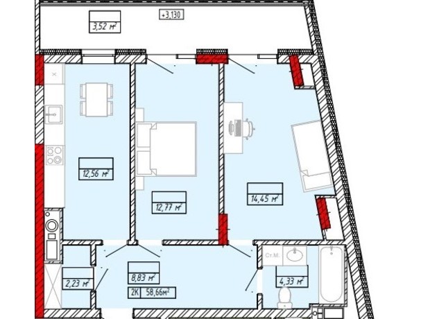 ЖК Дом на Михновских: планировка 2-комнатной квартиры 54.7 м²