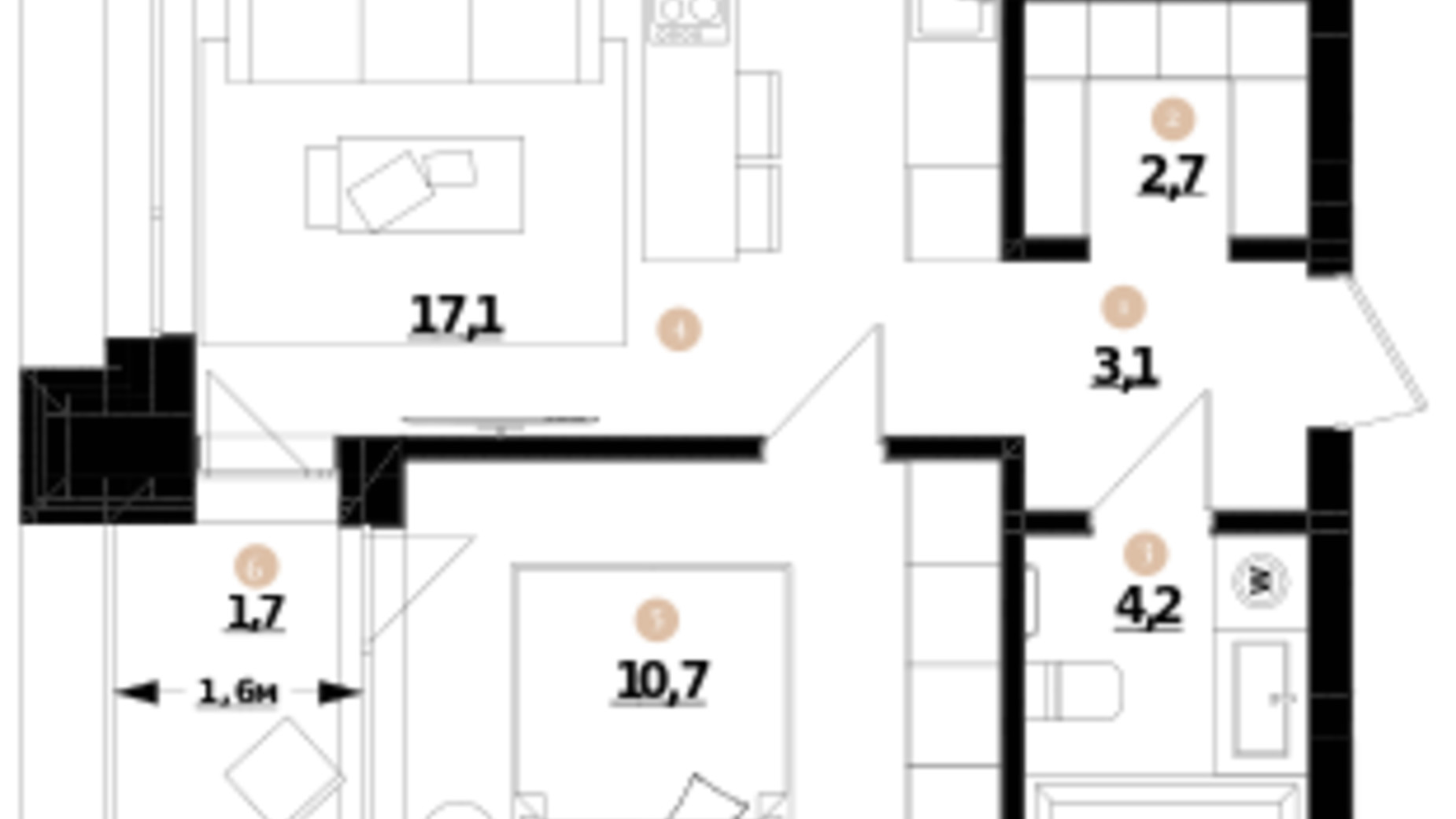 Планування 1-кімнатної квартири в ЖК Doma Trabotti 39.5 м², фото 356250